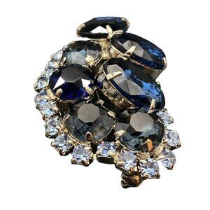 Vtg Brooch Cobalt Blue Indigo Glass Stones Light Blue Rhinestone Unsigned 2.25"